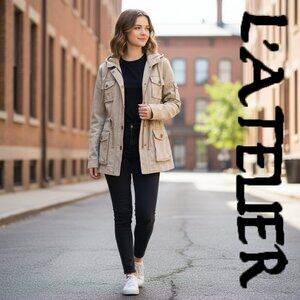 L’atelier Hooded Utility Jacket with Drawstring Waist NWOT Tan Med